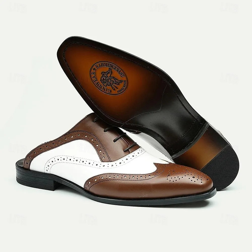 Men's Vintage Brown & White Leather Brogue Mules - Tokiyos