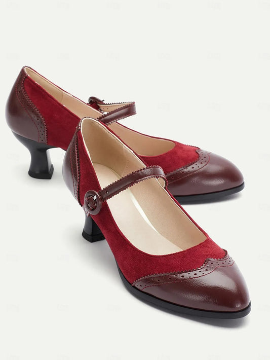 Women's Vintage Red and Brown Mary Jane Pumps with Suede and Leather Combination, Brogue Detailing, and Low Block Heel