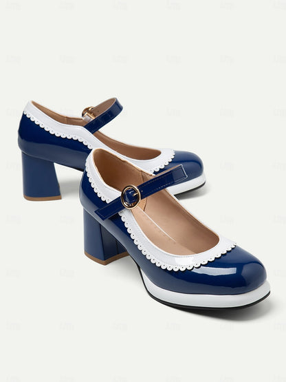 Women's Retro Blue and White Mary Jane Block Heels with Scalloped Trim – Vintage-Style Shoes for Cosplay, Parties, and Formal Occasions