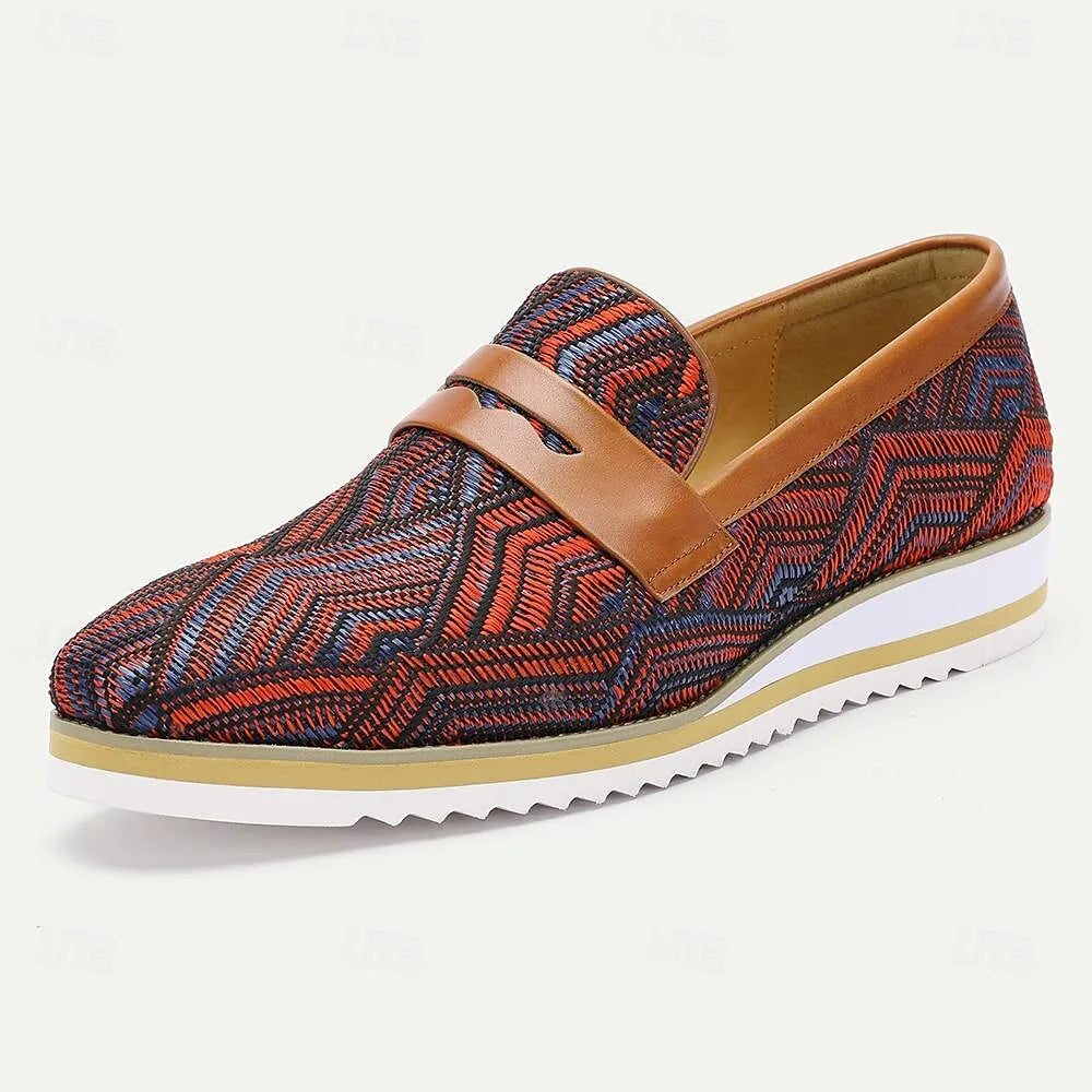 Men's Brown and Red Woven Slip-On Loafers - Breathable Patterned Casual Shoes