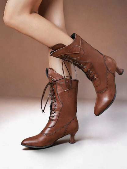 Women's Brown Victorian Lace-Up Boots with Mid Heel and Brogue Detailing - Retro Style Knee-High Boots