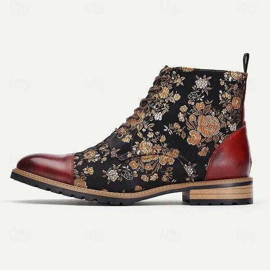 Men's Jacquard Fabric and Leather Ankle Boots Floral Pattern