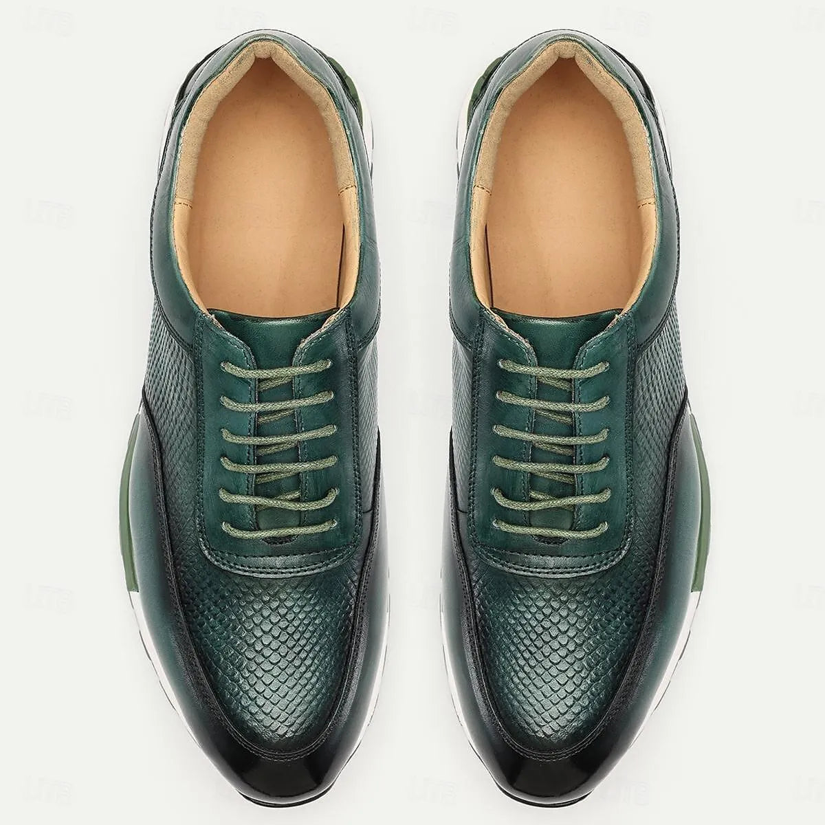 Men's Sneakers Textured Green Leather Two-Tone Rubber Sole - Tokiyos