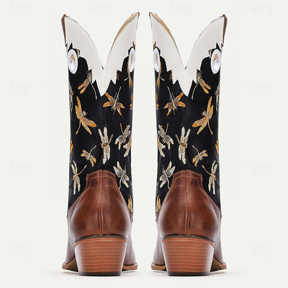 Men's Premium Cowhide Leather and Jacquard Fabric Western Cowboy Boots with Dragonfly Embroidery-Vintage Style Boots for Ranch and Outdoor Wear