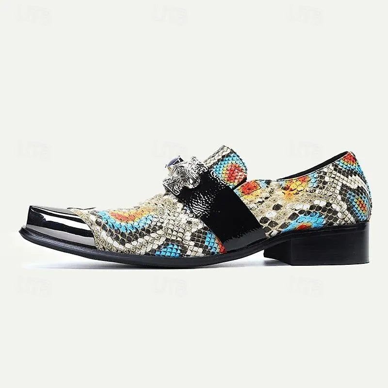 Men's Multicolor Metallic Snakeskin Loafers with Dragon Buckle and Jewel Detail - Tokiyos