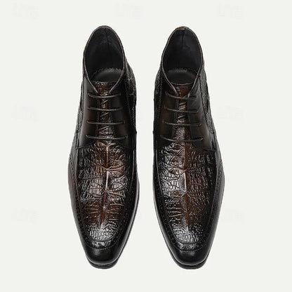 Men's Premium Cowhide Dress Shoes with Embossed Crocodile Pattern and Black Accents