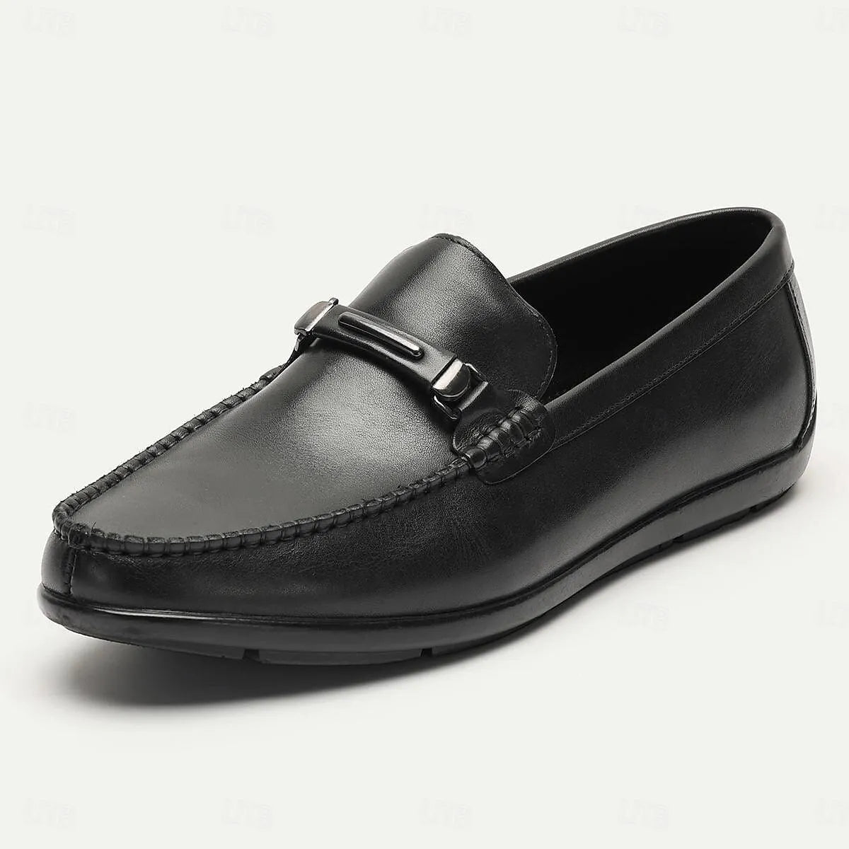 Men's Black Leather Loafers with Metal Buckle - Tokiyos