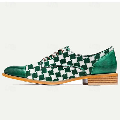 Men's Green and White Checkered Premium Cowhide Oxford Shoes with Leather Accents - Stylish & Comfortable