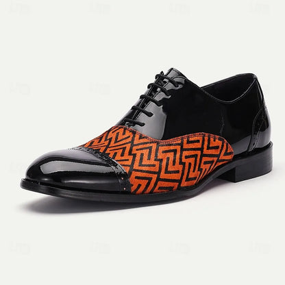 Men's Black Patent Leather Dress Shoes with Geometric Pattern - Stylish Oxford Shoes for Formal Events