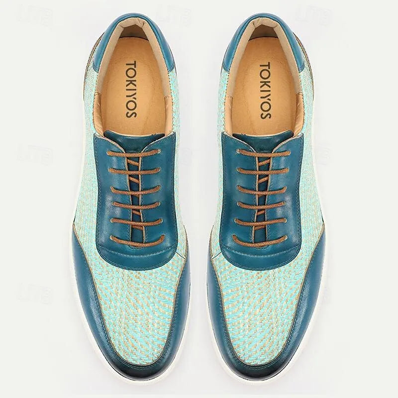 Men's Blue Woven Leather Sneakers - Breathable Light Blue Lace-Up Casual Footwear