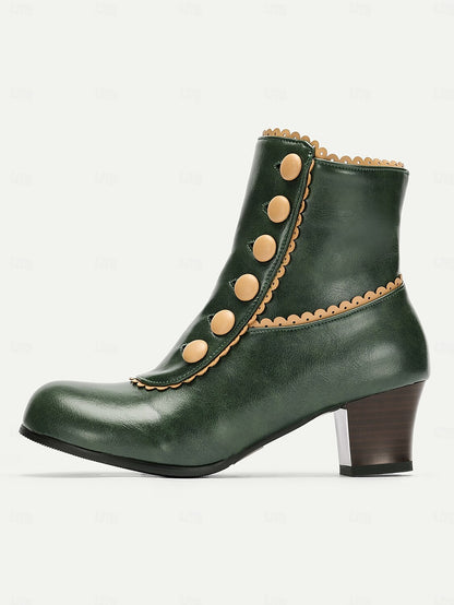 Victorian Vintage Green Leather Ankle Boots for Women -Retro Button Design with Scalloped Trim, Perfect for Fall Fashion