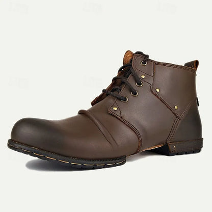 Men's Brown Leather Motorcycle Ankle Boots with Lace-Up Design and Reinforced Toe - Durable Biker Boots for Riding and Outdoor Activities