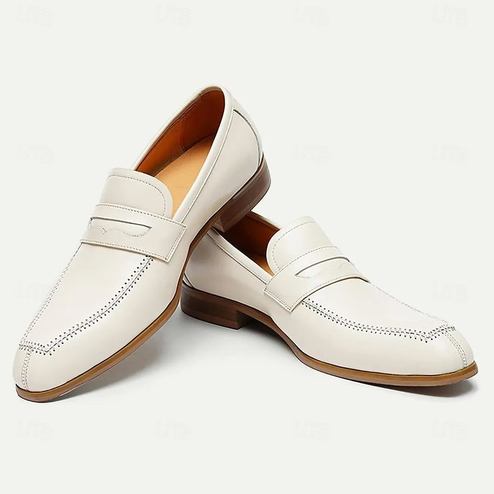 Men's White Leather Loafers with Perforated Detail - Tokiyos