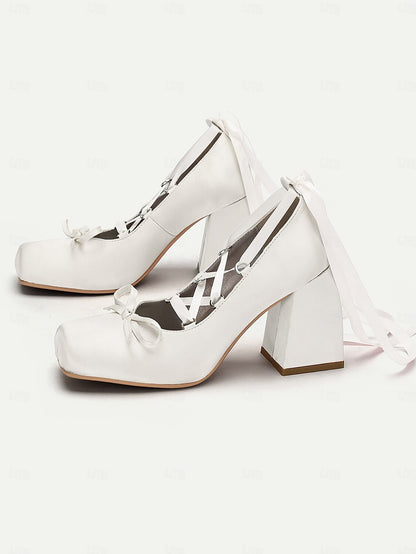 Women's Pink Satin Lace-Up Block Heels with Ribbon Ties-Ballet-Inspired Pumps for Special Occasions and Elegant Outfits