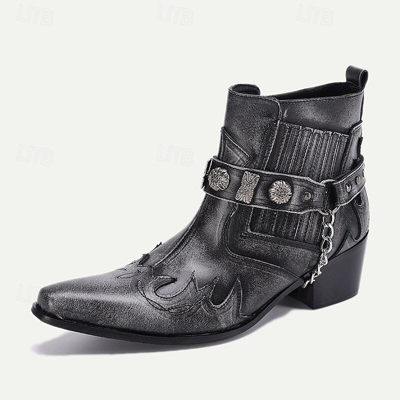 Men's Black Premium Cowhide Leather Motorcycle Boots with Western Style, Metal Studded Strap, and Chain Accent - Perfect for Biker and Cowboy-Inspired Fashion