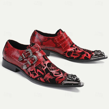 Men's Red Leather Dress Shoes with Graphic Print and Double Buckles - Bold Formal Footwear - Tokiyos