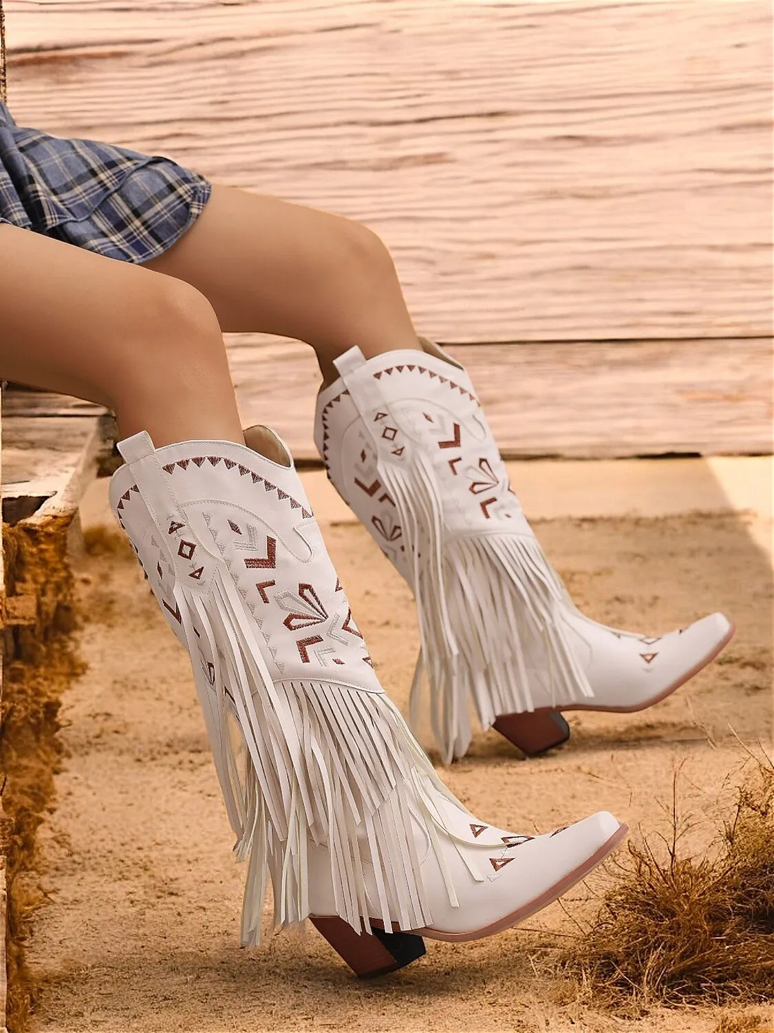 Women's Brown Faux Leather Fringe Western Cowboy Boots with Embroidered Details