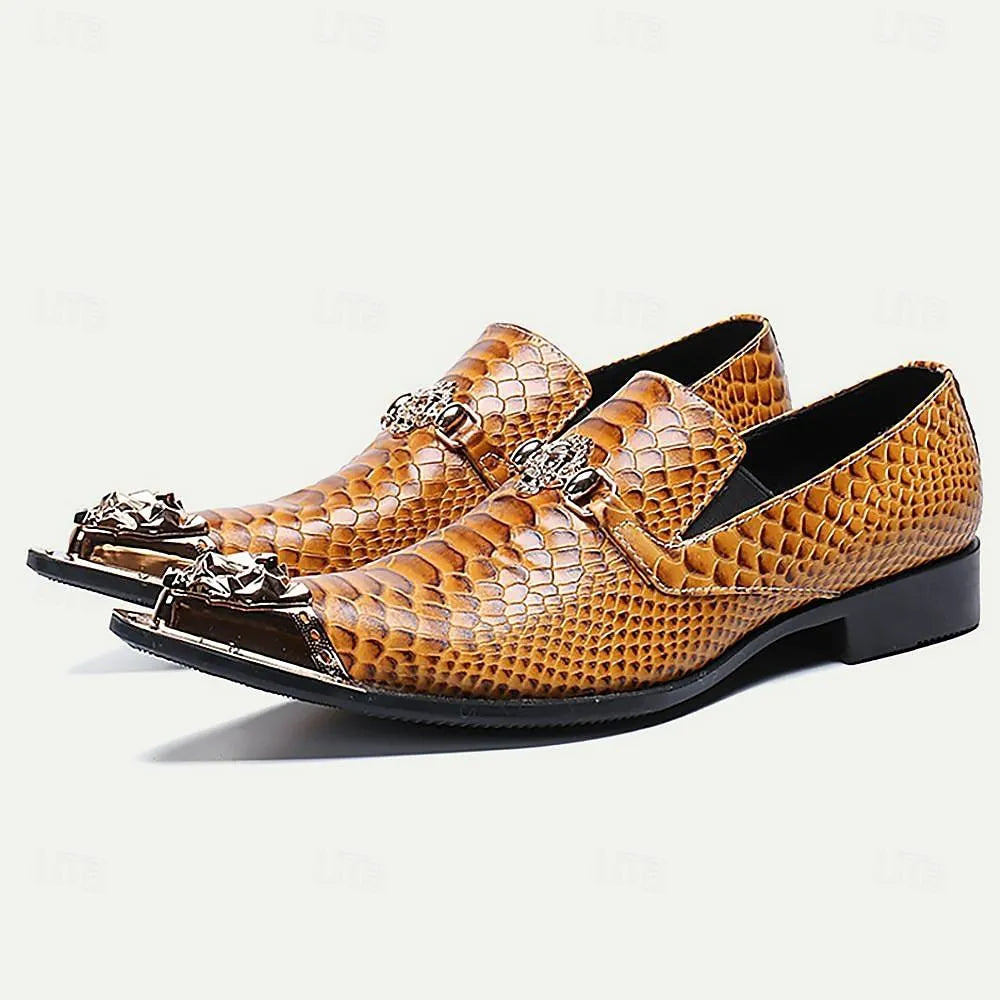 Men's Brown Snake Print Leather Dress Shoes with Metal Accents - Tokiyos