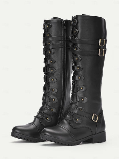 Women's Black Faux Leather Knee-High Combat Boots with Buckle Straps and Lace-Up Design