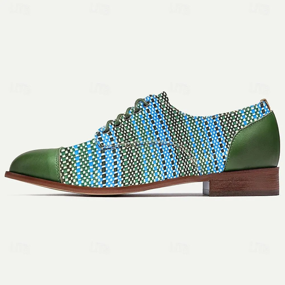 Men's Dress Shoes Green Blue Woven Fabric Lace-up Design - Tokiyos