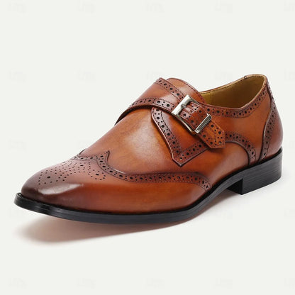 Men's Monk Strap Shoes Tan Leather Brogue Buckle - Tokiyos