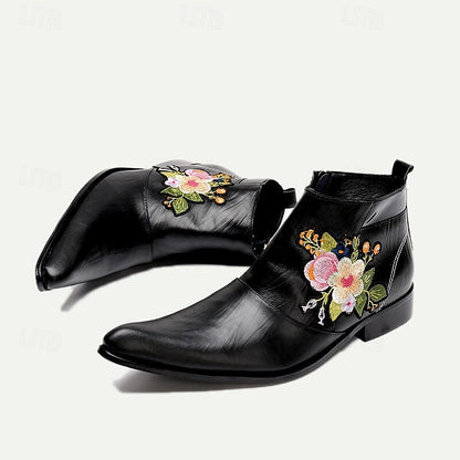 Men's Premium Cowhide Embroidered Leather Ankle Boots - Stylish Floral Design for Casual or Formal Wear