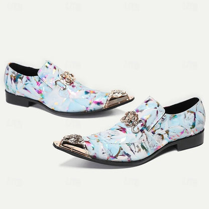 Men's Floral Print Dress Shoes with Metal Lion Head Embellishments - Tokiyos