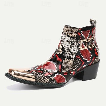 Men's Snake Print Leather Ankle Boots Premium Cowhide Red and Black Exotic Design