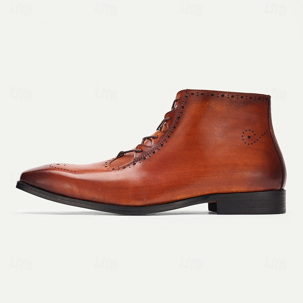 Men's Brown Lace-Up Ankle Boots with Brogue Detailing Premium Cowhide Leather