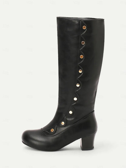 Vintage-Style Black Knee-High Boots with Decorative Buttons