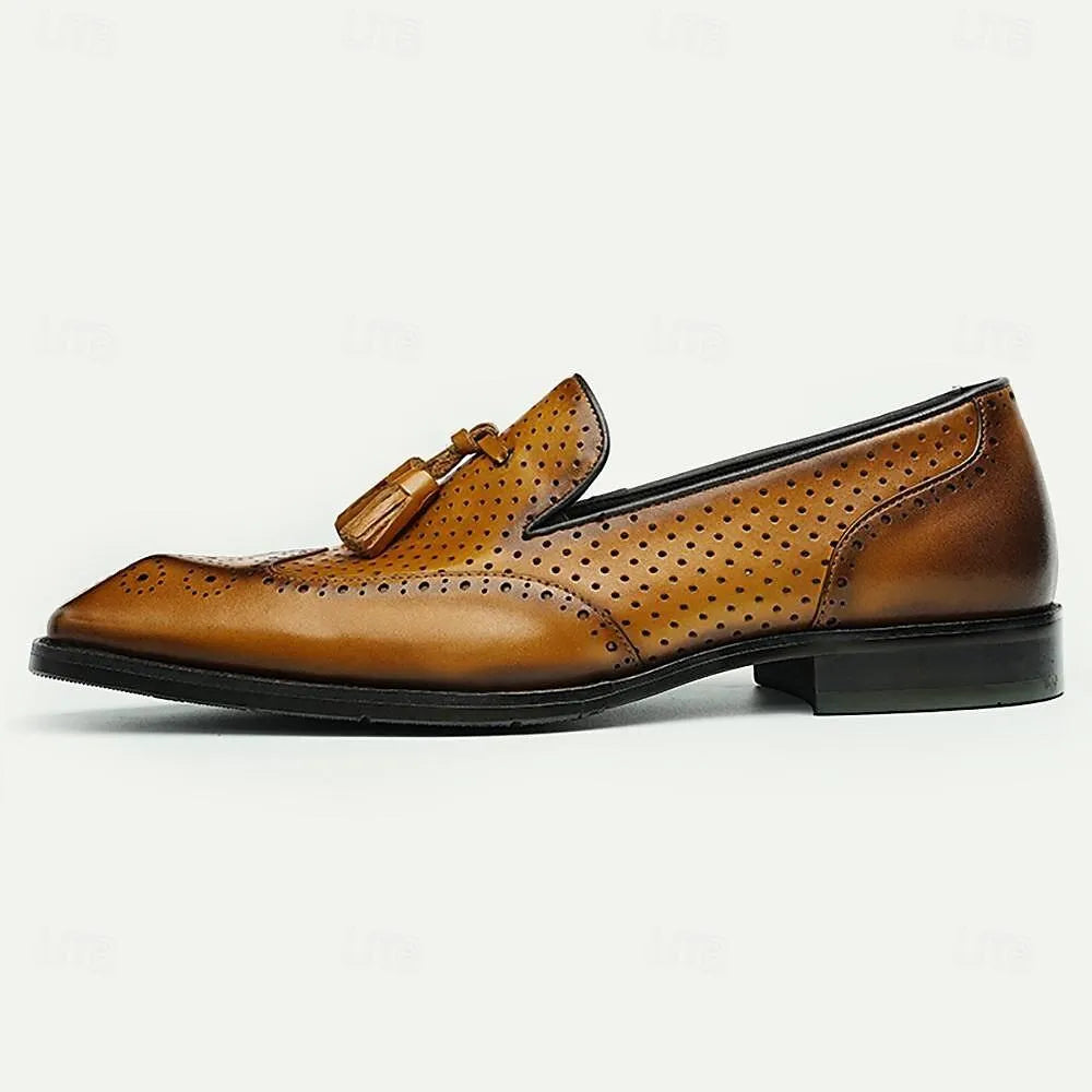 Men's Vintage Brown Leather Perforated Tassel Loafers - Tokiyos