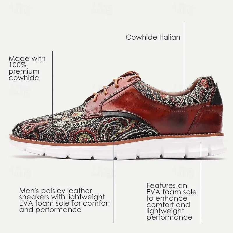 Men's Sneakers Paisley Print Leather Casual Shoes with White Soles - Tokiyos