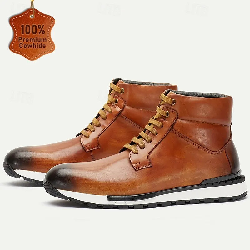 Men's Brown Leather Lace-Up Ankle Boots with Padded Collar for Casual and Outdoor Wear