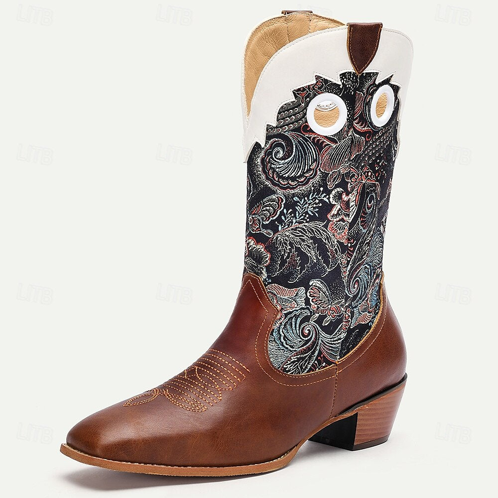 Men's Premium Cowhide Leather and Jacquard Fabric Western Cowboy Boots with Floral Embroidery-Vintage Style Boots for Ranch and Outdoor Wear