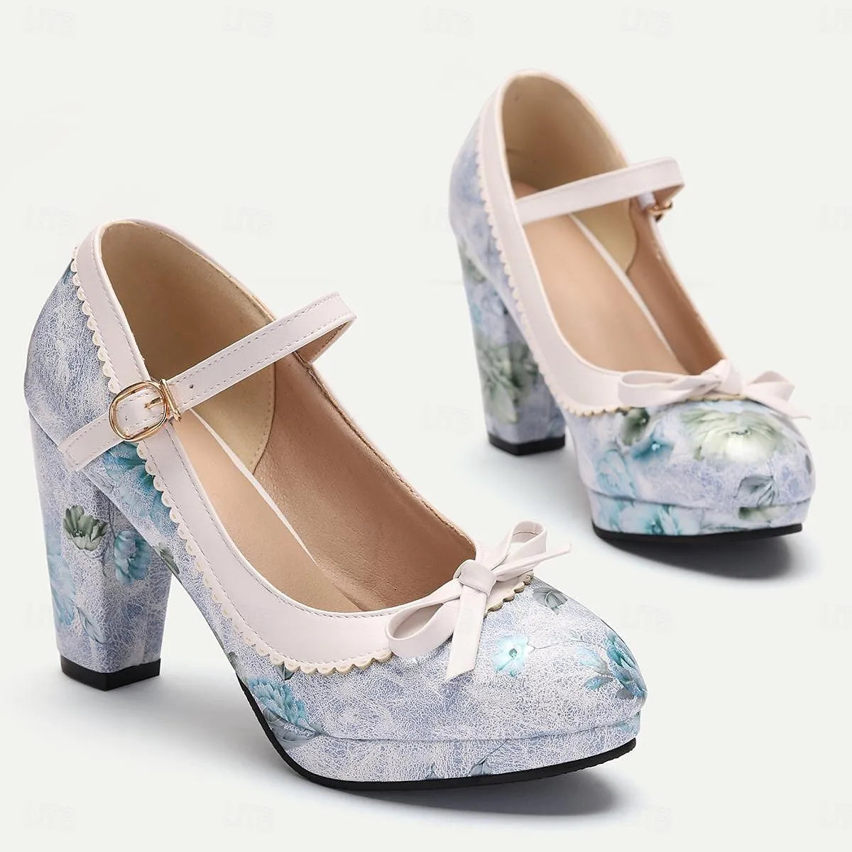 Floral White Platform Mary Jane Heels with Bow for Women - Tokiyos