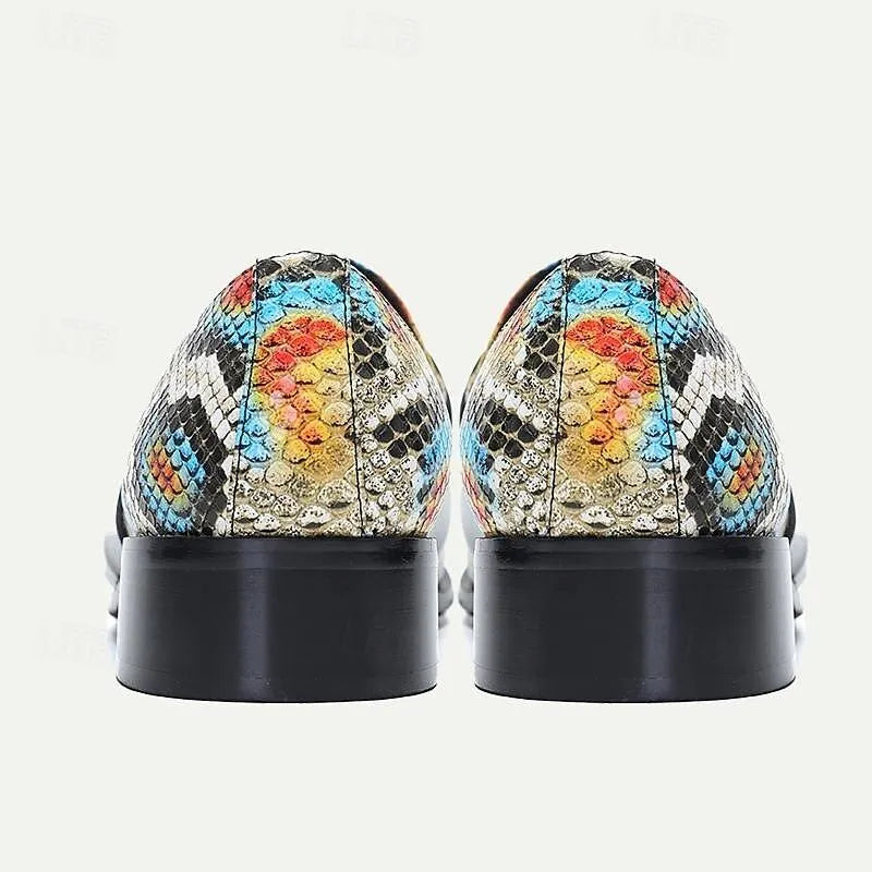 Men's Multicolor Metallic Snakeskin Loafers with Dragon Buckle and Jewel Detail - Tokiyos