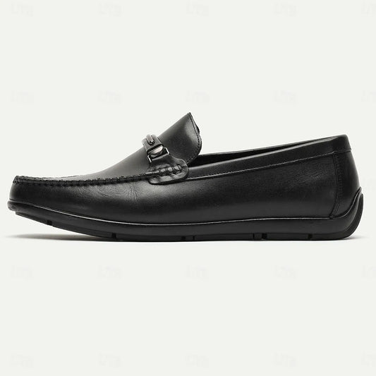 Men's Black Leather Loafers with Metal Buckle - Tokiyos