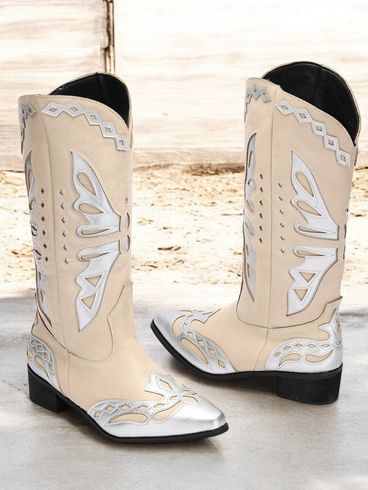 Women's Beige and Silver Western Cowboy Boots with Intricate Butterfly Design – Faux Leather Boots for Rodeo, Country, and Casual Wear