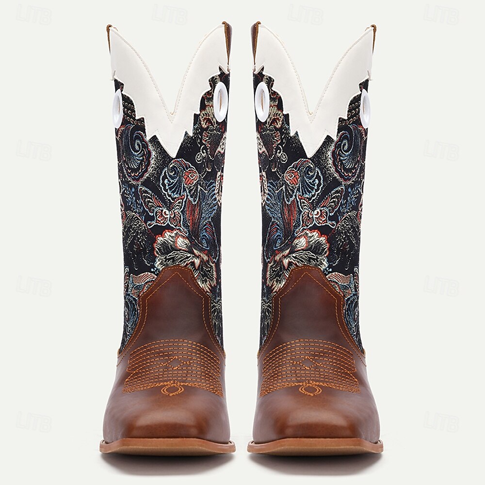 Men's Premium Cowhide Leather and Jacquard Fabric Western Cowboy Boots with Floral Embroidery-Vintage Style Boots for Ranch and Outdoor Wear