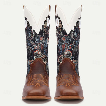 Men's Premium Cowhide Leather and Jacquard Fabric Western Cowboy Boots with Floral Embroidery-Vintage Style Boots for Ranch and Outdoor Wear