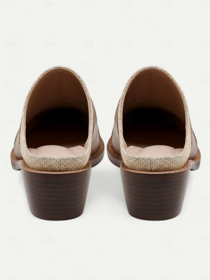 Women's Brown Slip-On Mules with Woven Accents and Western-Inspired Design, Comfortable Low Heels for Casual or Everyday Wear