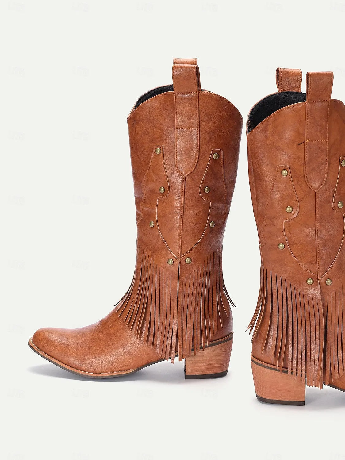 Women's Brown Faux Leather Western Cowboy Boots with Fringe Detail