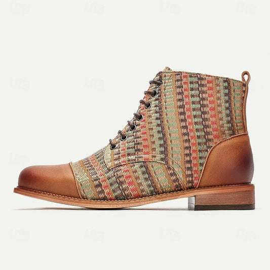 Men's Premium Woven Fabric and Leather Lace-Up Boots with Multicolor Pattern and Leather Toe Cap