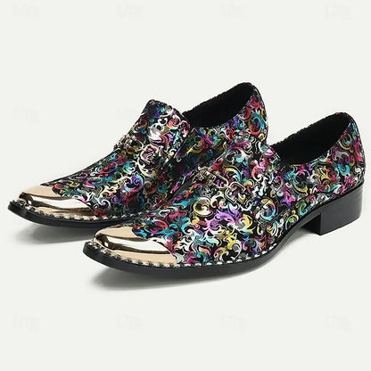 Men's Multicolor Pattern Loafers - Stylish Slip-On Dress Shoes with Metallic Toe Cap - Tokiyos