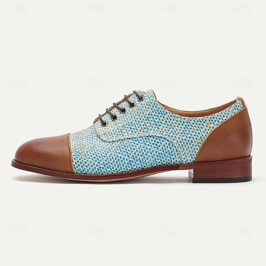 Men's Light Blue Woven Leather Oxford Shoes - Breathable Brown Lace-Up Casual Footwear