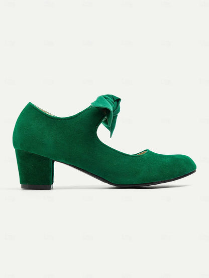 Women's Green Suede Mary Jane Shoes with Bow Detail