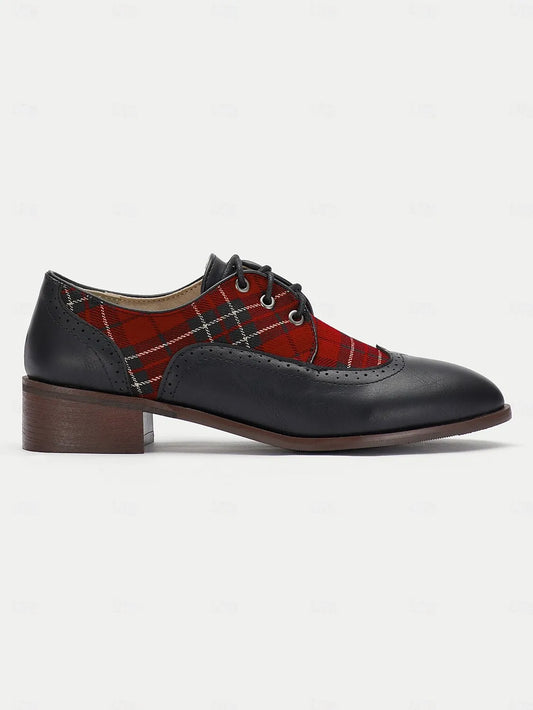 Women's Black Leather Oxford Shoes with Red Tartan Plaid Panels