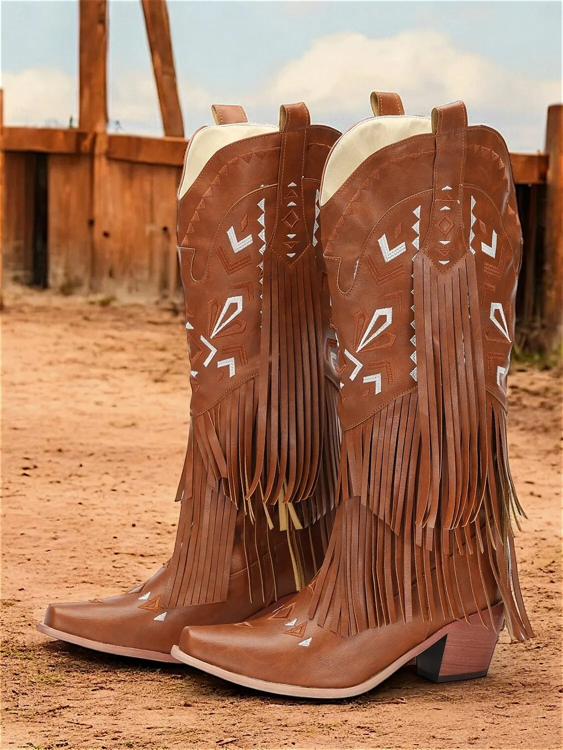 Women's Brown Faux Leather Fringe Western Cowboy Boots with Embroidered Details