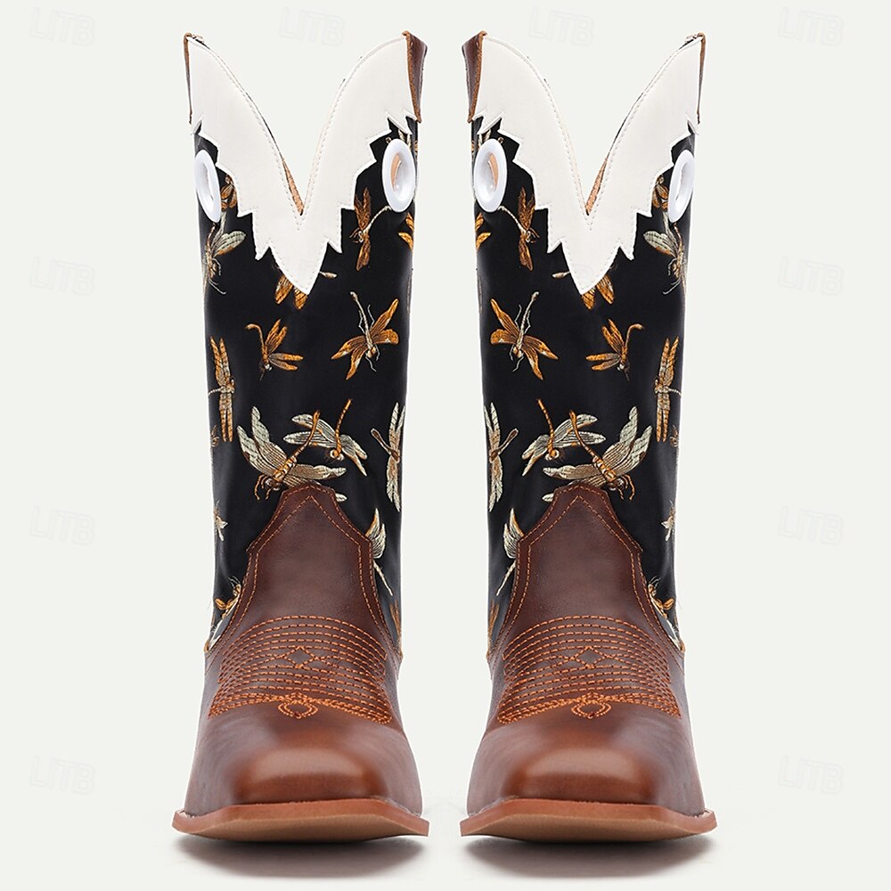 Men's Premium Cowhide Leather and Jacquard Fabric Western Cowboy Boots with Dragonfly Embroidery-Vintage Style Boots for Ranch and Outdoor Wear