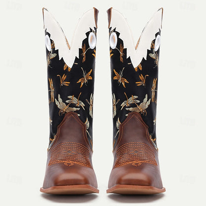 Men's Premium Cowhide Leather and Jacquard Fabric Western Cowboy Boots with Dragonfly Embroidery-Vintage Style Boots for Ranch and Outdoor Wear